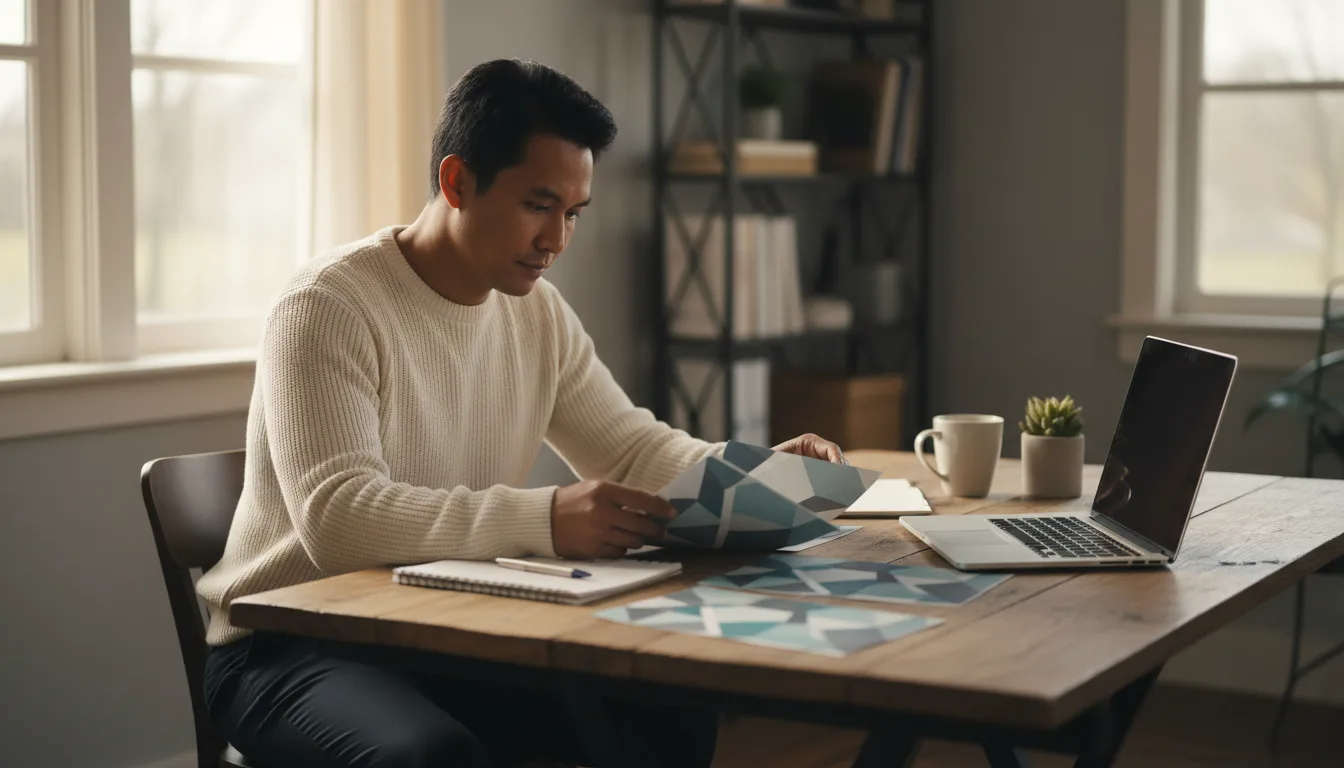 A parent at a desk comparing printed brochures and notes with a laptop open beside them