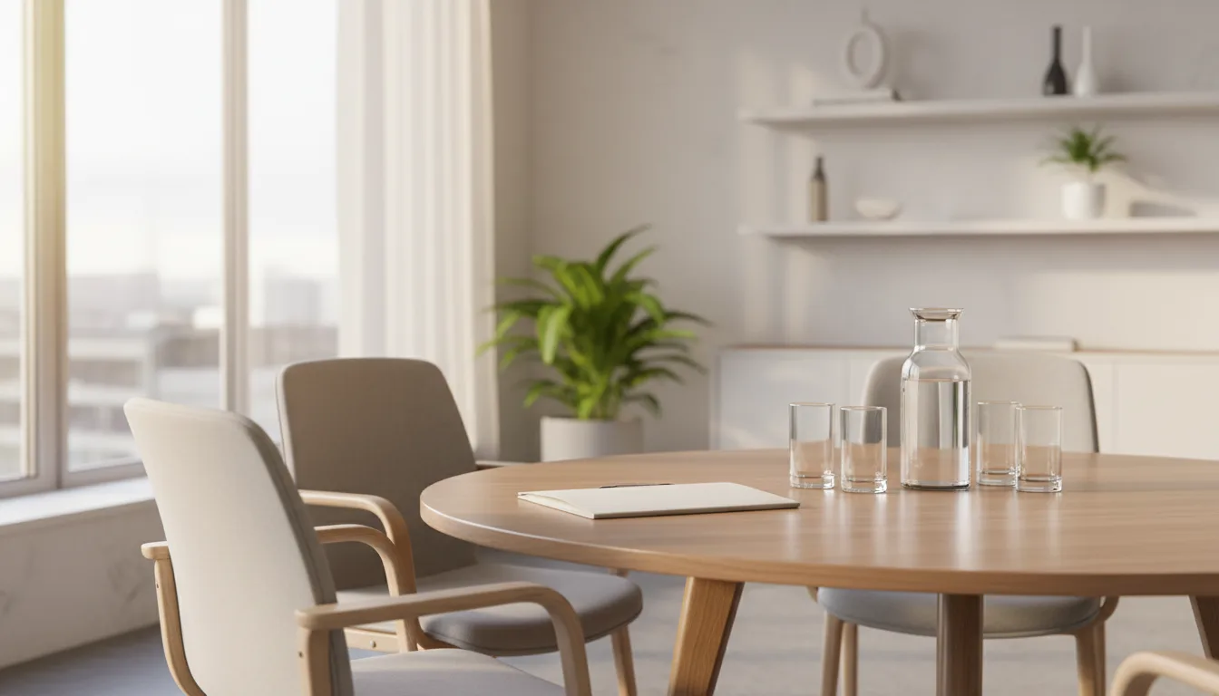 A round wooden table with empty chairs, a folder, and water glasses in a bright, quiet office