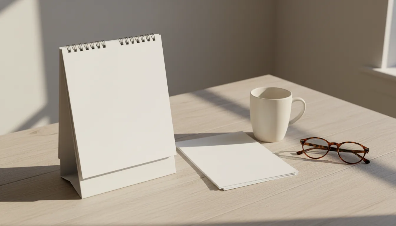 A calendar, plain papers, a mug and reading glasses on a wooden table