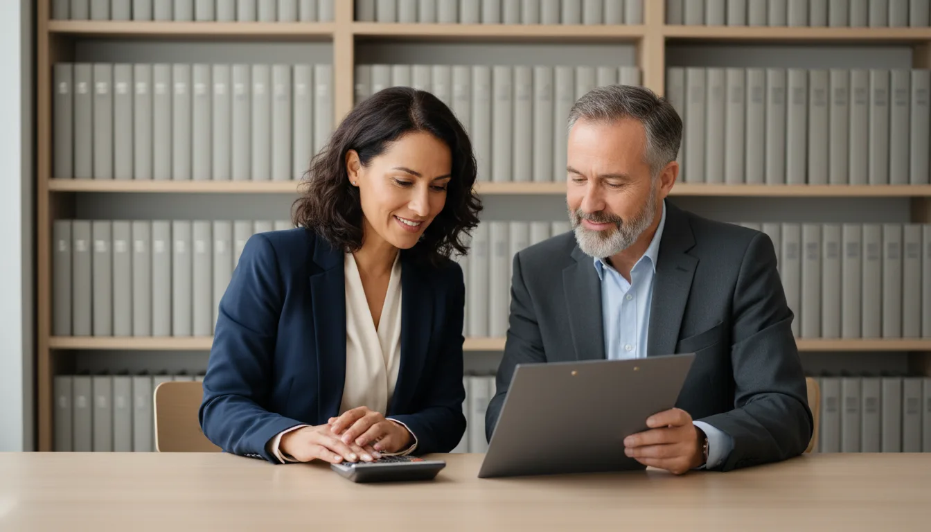 A woman going over a clipboard and calculator with a neutral financial specialist at an office desk