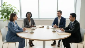 Two separating parents and their two lawyers talking calmly around a round table in a bright conference room
