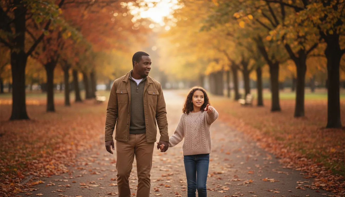 A father and his young daughter walking hand in hand along a leafy park path in autumn
