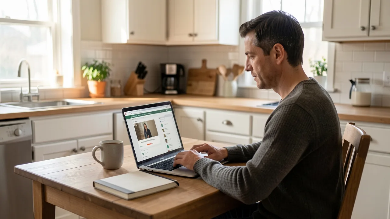 A parent working through an online course on a laptop at a quiet kitchen table in morning light