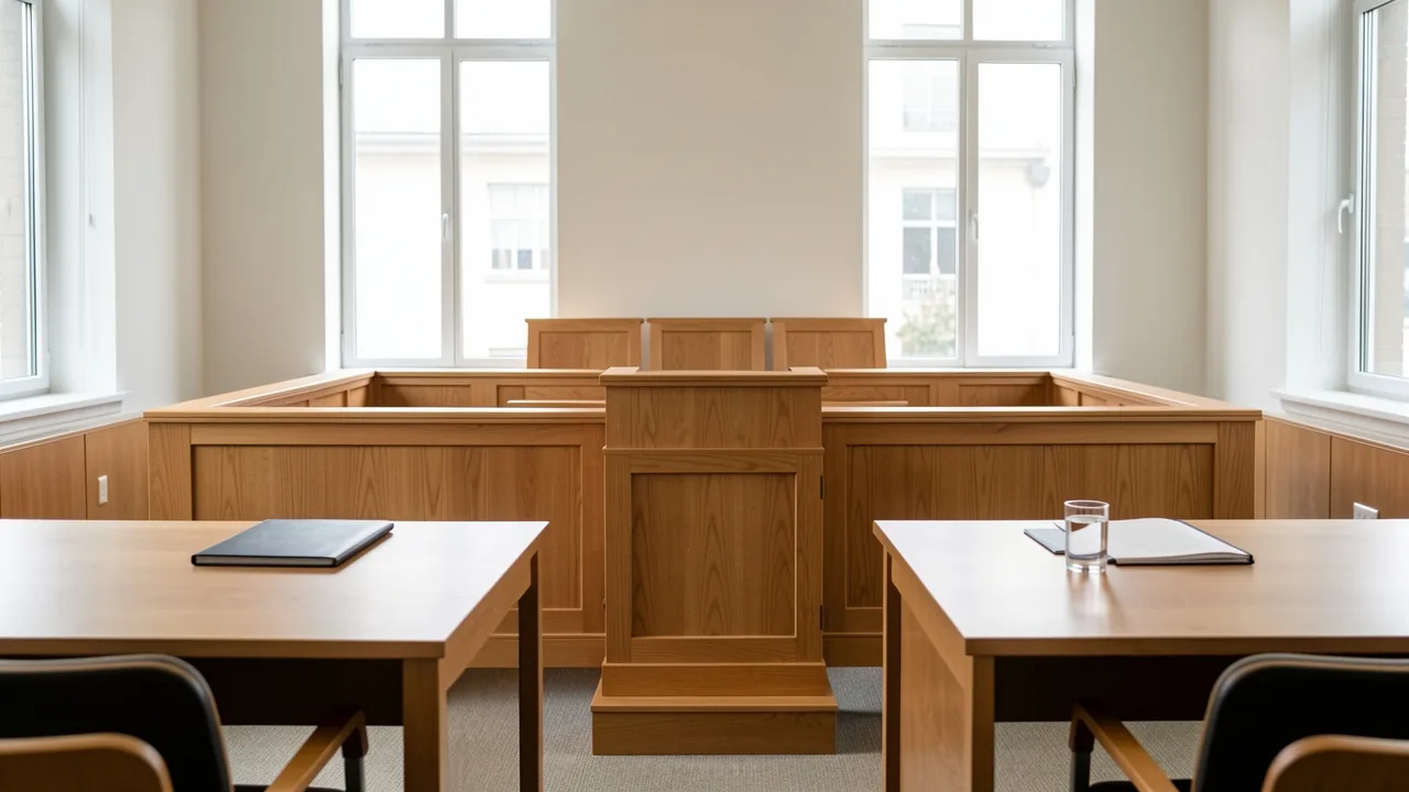 An empty family courtroom with a wooden judge's bench and two counsel tables in soft window light