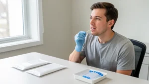 A man wearing a glove swabbing the inside of his cheek at a clinic table, with sealed sample envelopes and swab tubes nearby