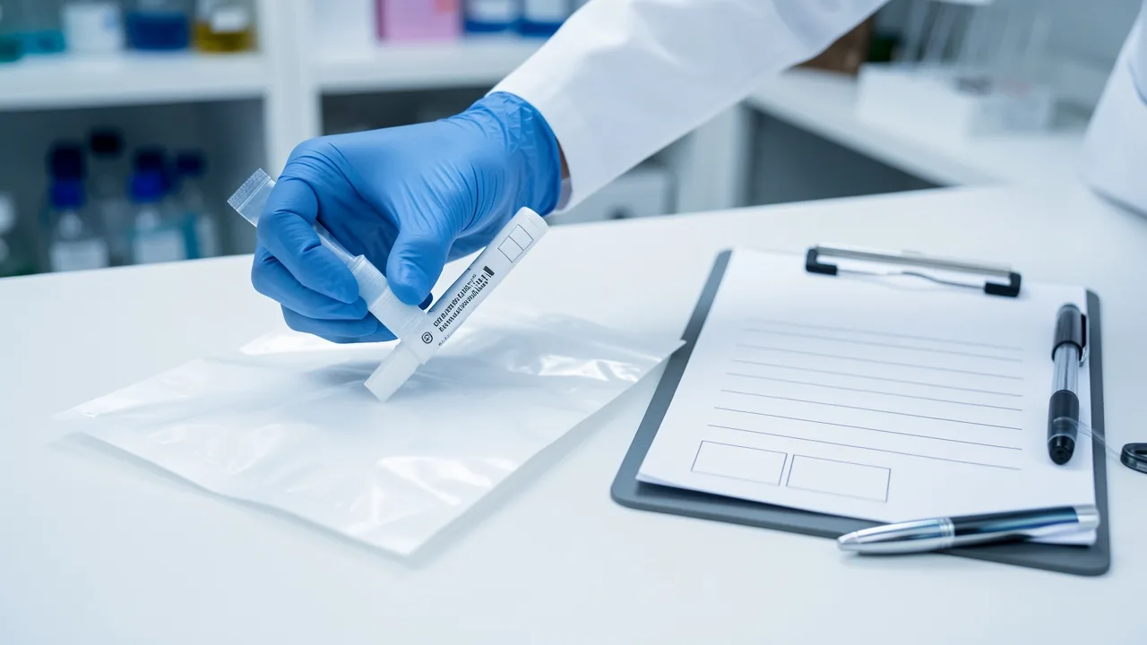A gloved hand sealing a cheek swab tube into a tamper-evident specimen bag on a lab counter