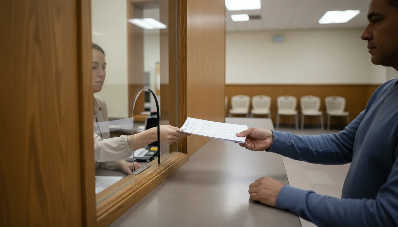 A person handing a short stack of forms through a courthouse clerk's service window