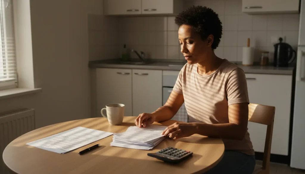 A person at a kitchen table sorting household bills and pay stubs next to a blank court form