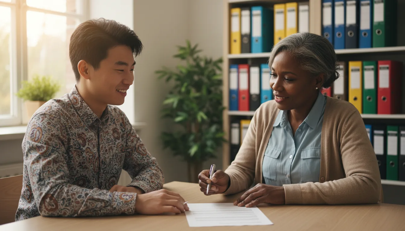 A legal aid volunteer explaining a document to a client across a small table