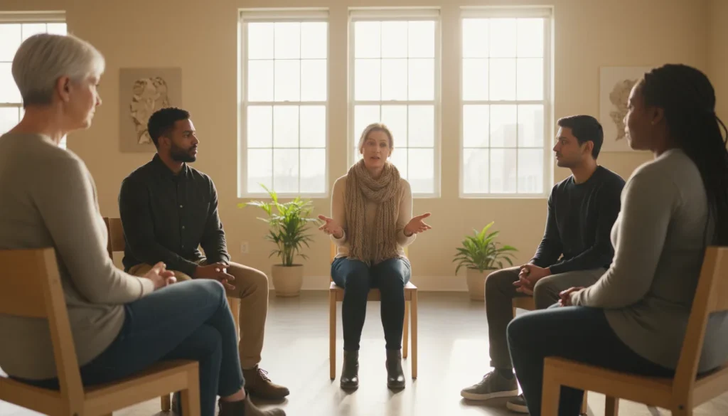 A small circle of adults sitting together in a bright community room, listening to one another