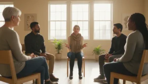 A small circle of adults sitting together in a bright community room, listening to one another