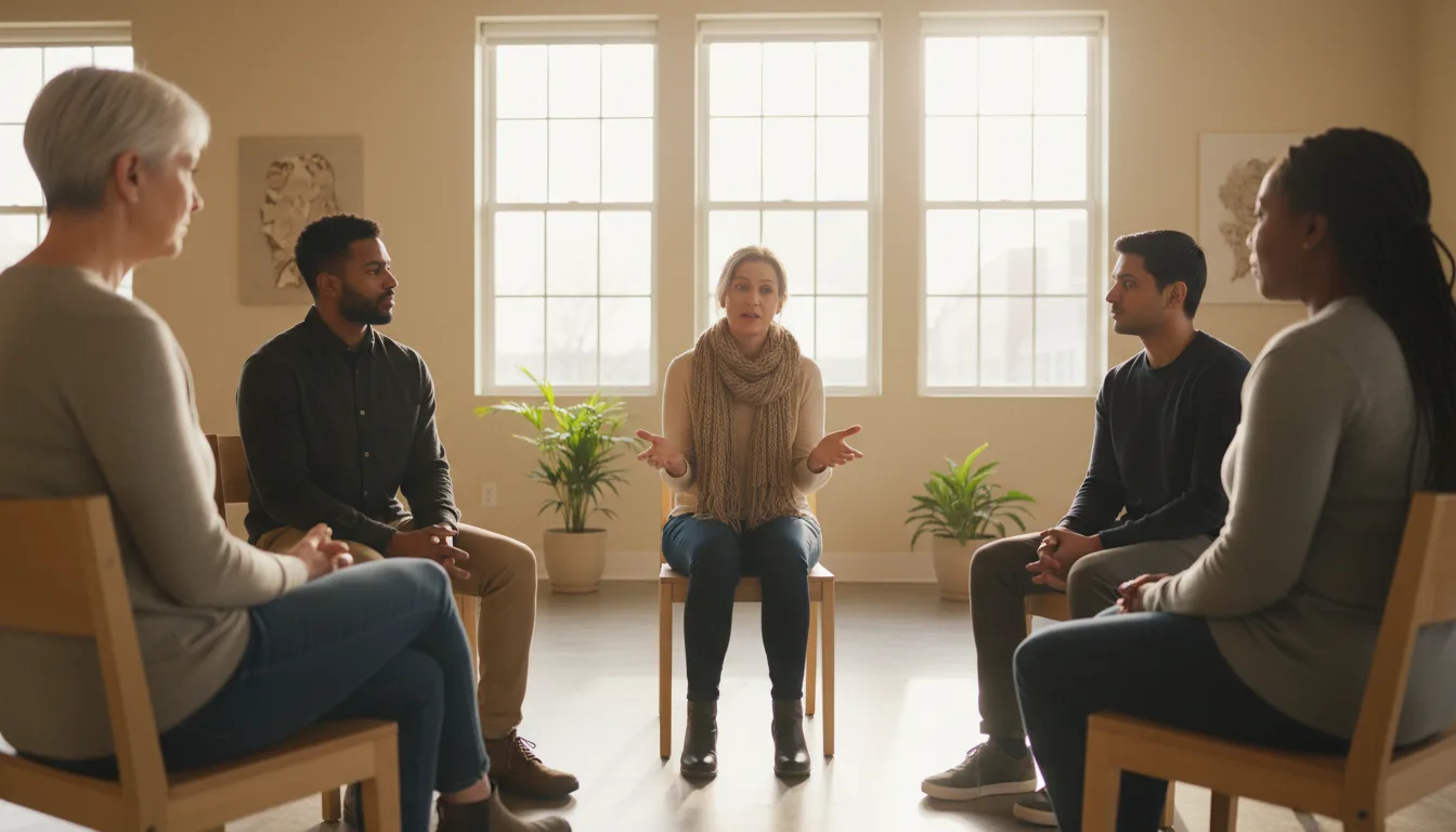 A small circle of adults sitting together in a bright community room, listening to one another