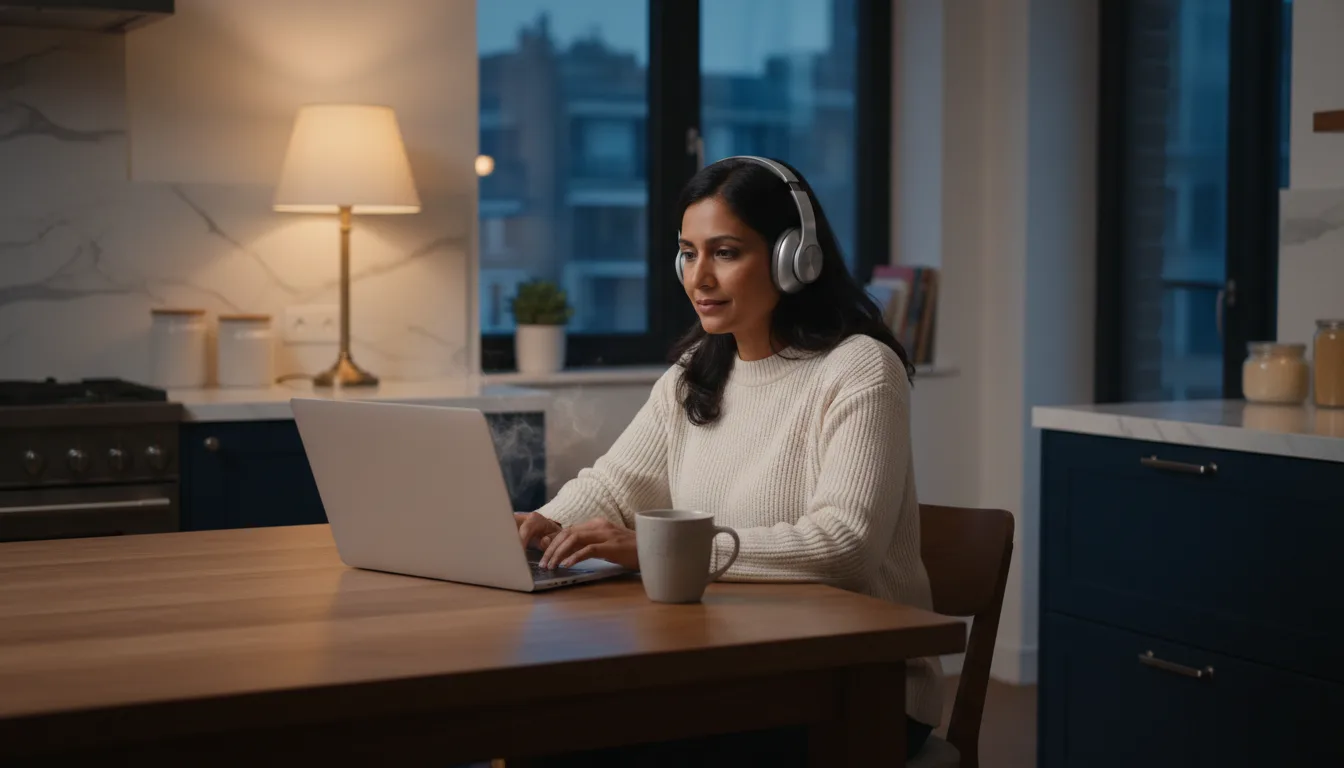 A parent with headphones joining an online meeting on a laptop at a kitchen table in the evening