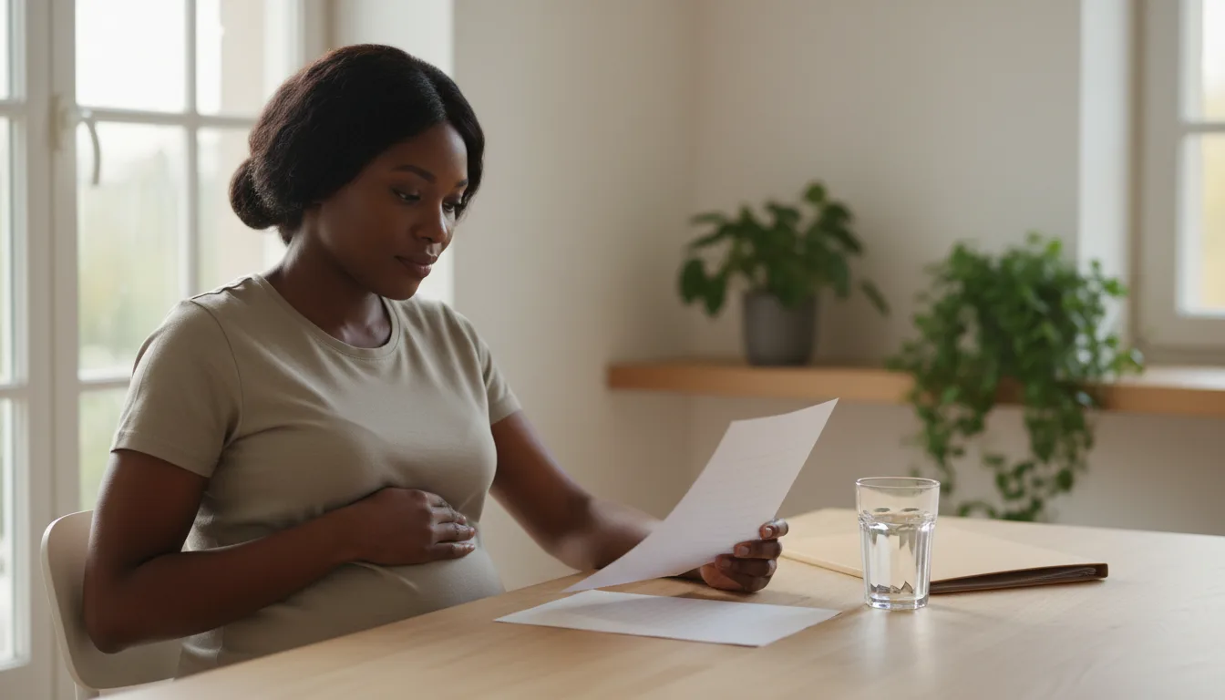 A pregnant woman sitting at a kitchen table reviewing paperwork in soft morning light