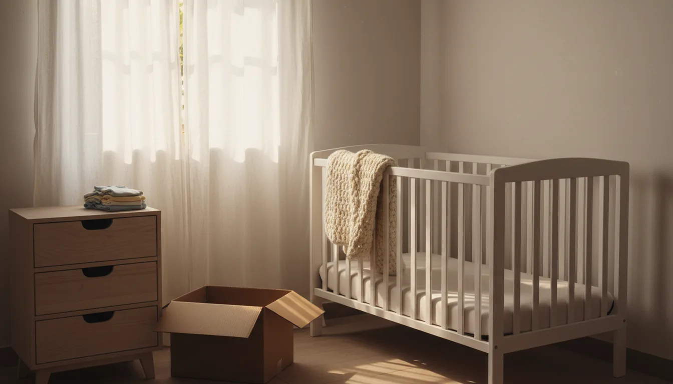 A partly set-up nursery corner with a white crib, a folded blanket, baby clothes, and a moving box