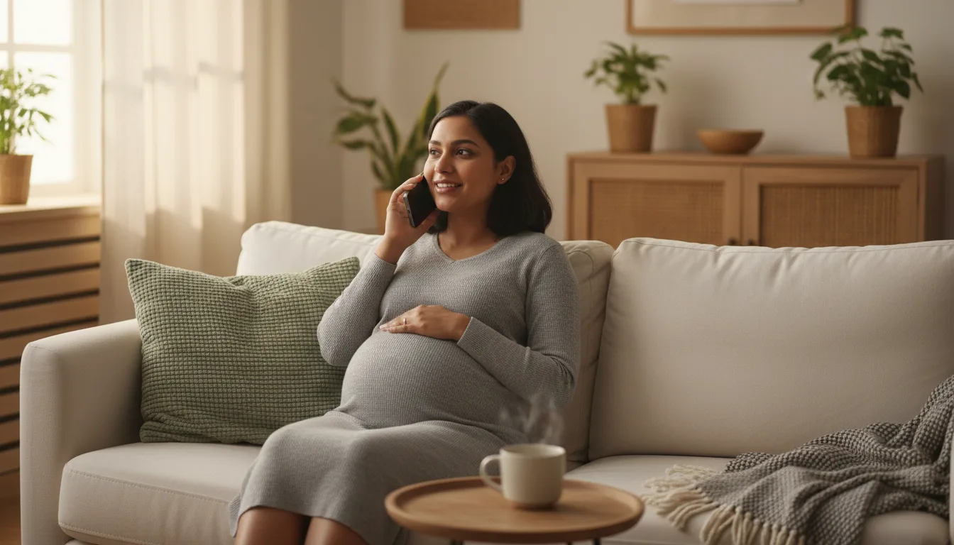 A pregnant woman sitting on a sofa talking on the phone with a calm expression