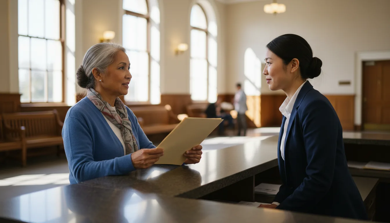 A grandmother holding a folder while speaking with a court clerk at a counter in a bright courthouse lobby