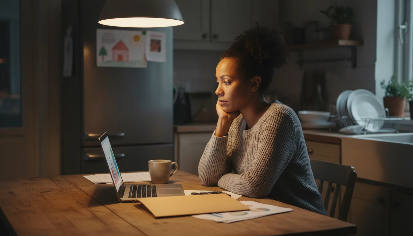 A parent sitting at a kitchen table with a laptop and a folder of papers, working through a household budget in the evening