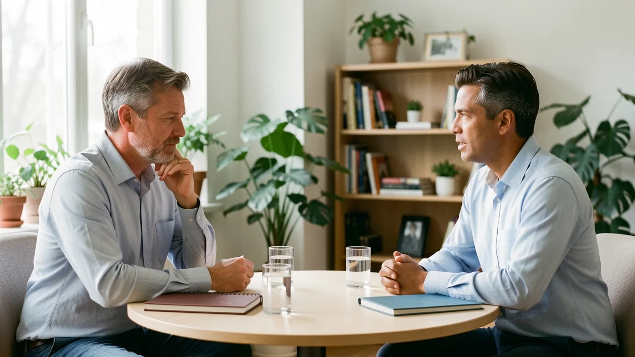 Two separated fathers talking calmly across a small round table in a sunlit office