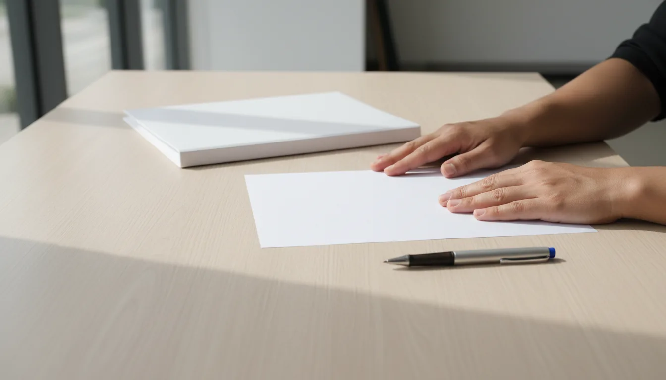 An adult's hands on a wooden desk beside a blank sheet of paper and a pen