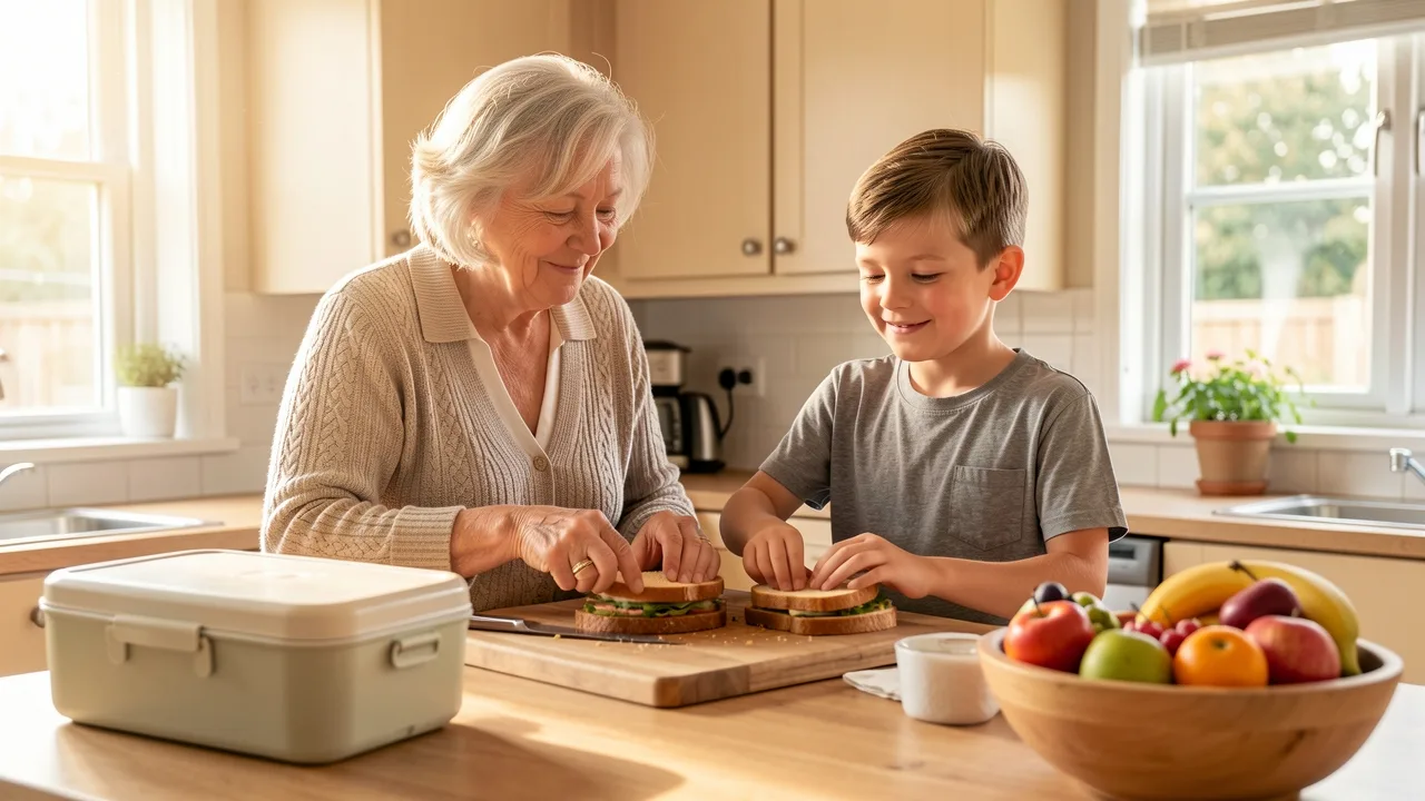 A grandmother and her school-age grandson making sandwiches together at a sunlit kitchen counter