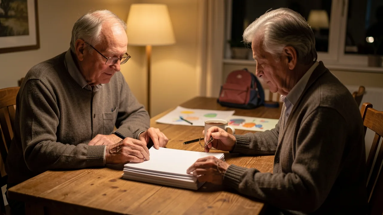 Two older men reviewing a stack of documents at a dining table in lamplight, with a child's backpack and drawings nearby