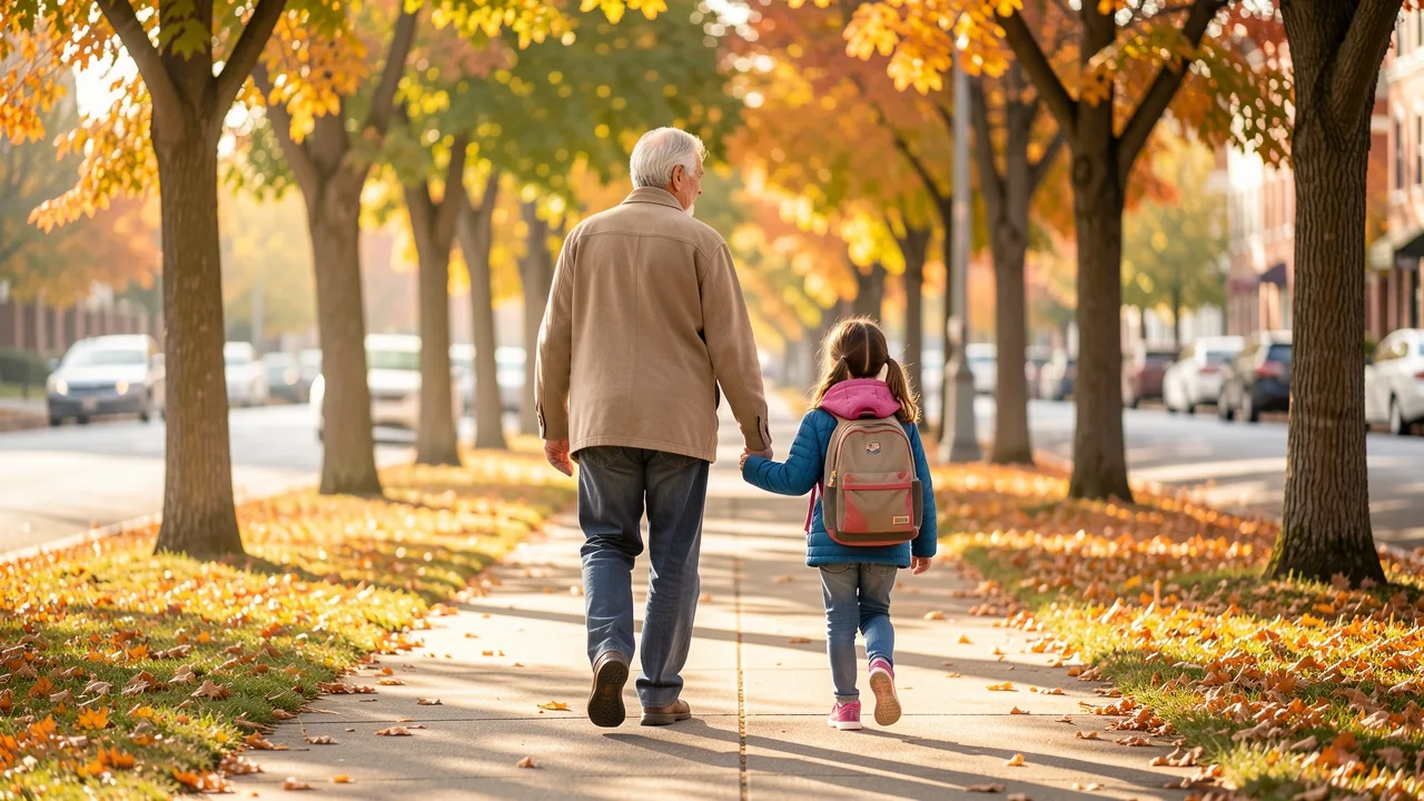 A grandparent and granddaughter with a backpack walking hand in hand along a tree-lined sidewalk on an autumn morning