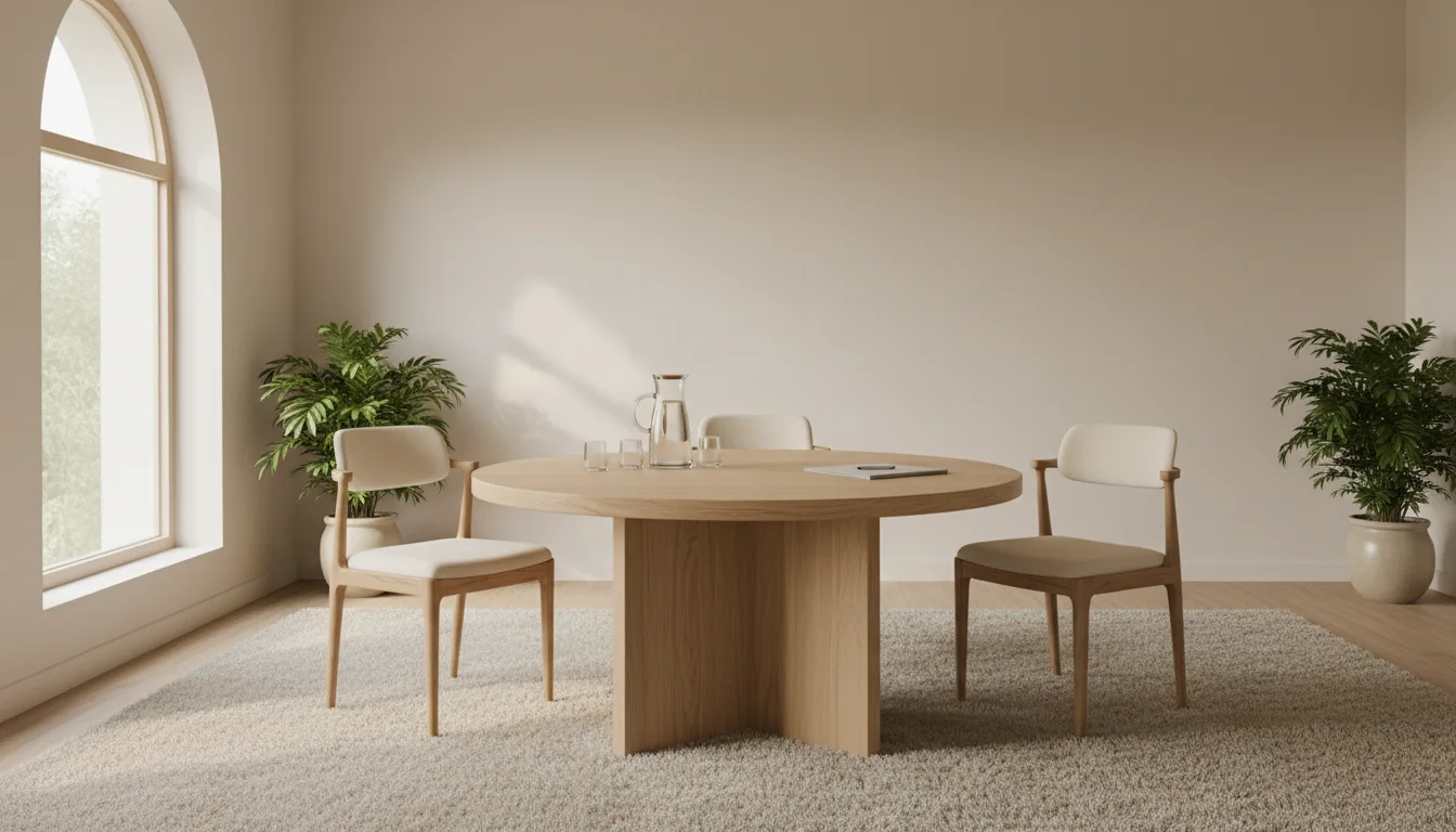An empty mediation room with a round wooden table and chairs in soft daylight