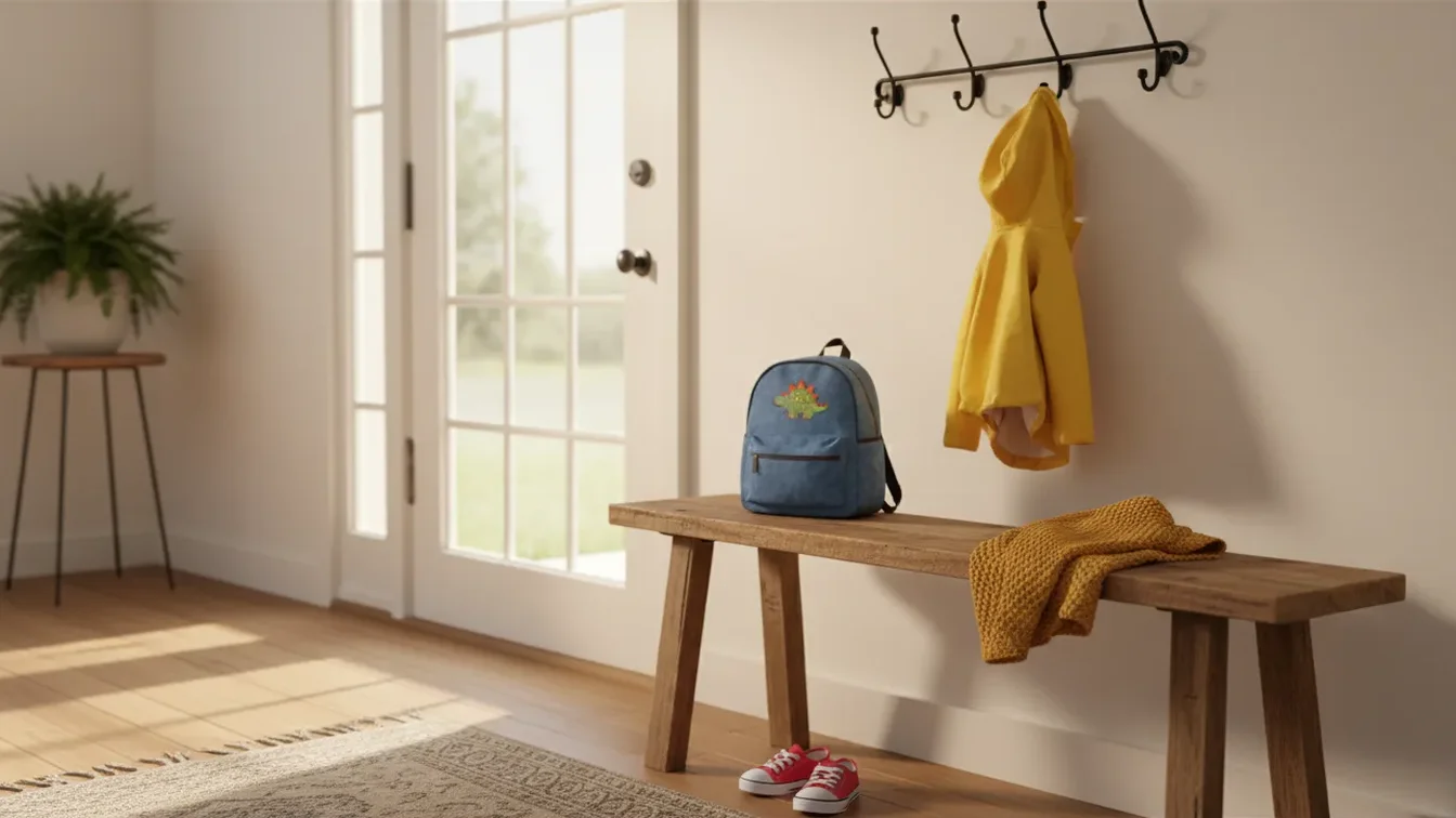 A child's backpack and sneakers by the front door, ready for a visit