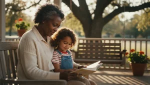 A grandparent and a young grandchild reading a picture book together on a porch bench in afternoon light