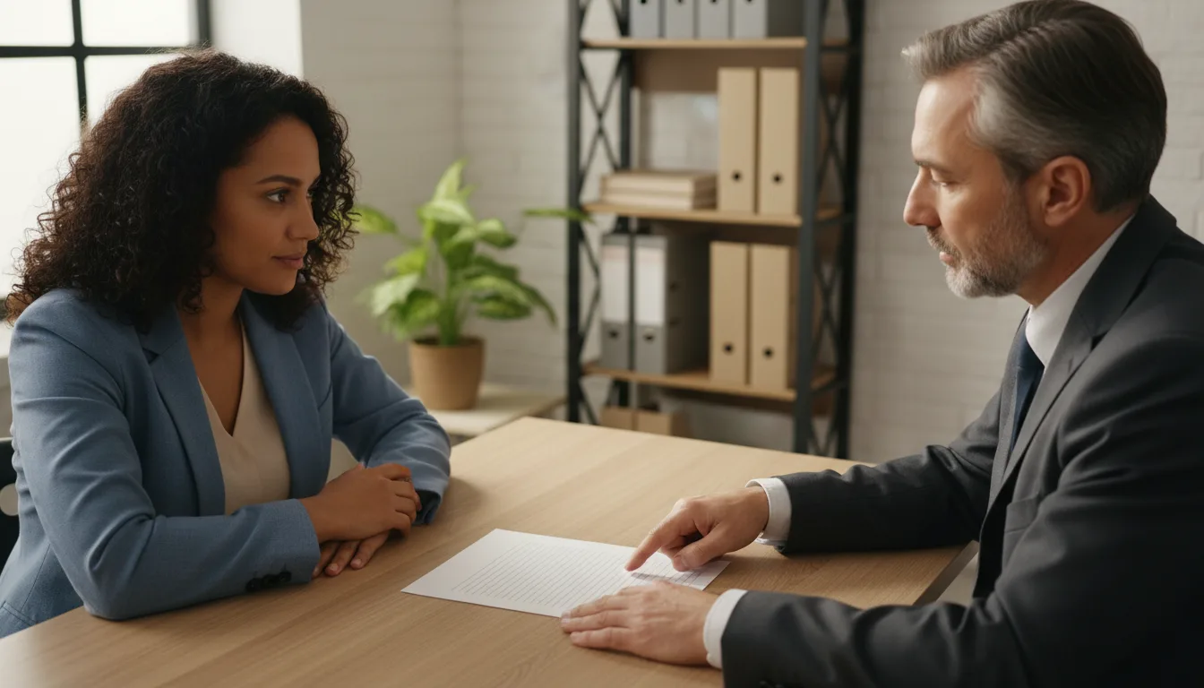 A professional pointing to part of a document during a short consultation with a client across a desk
