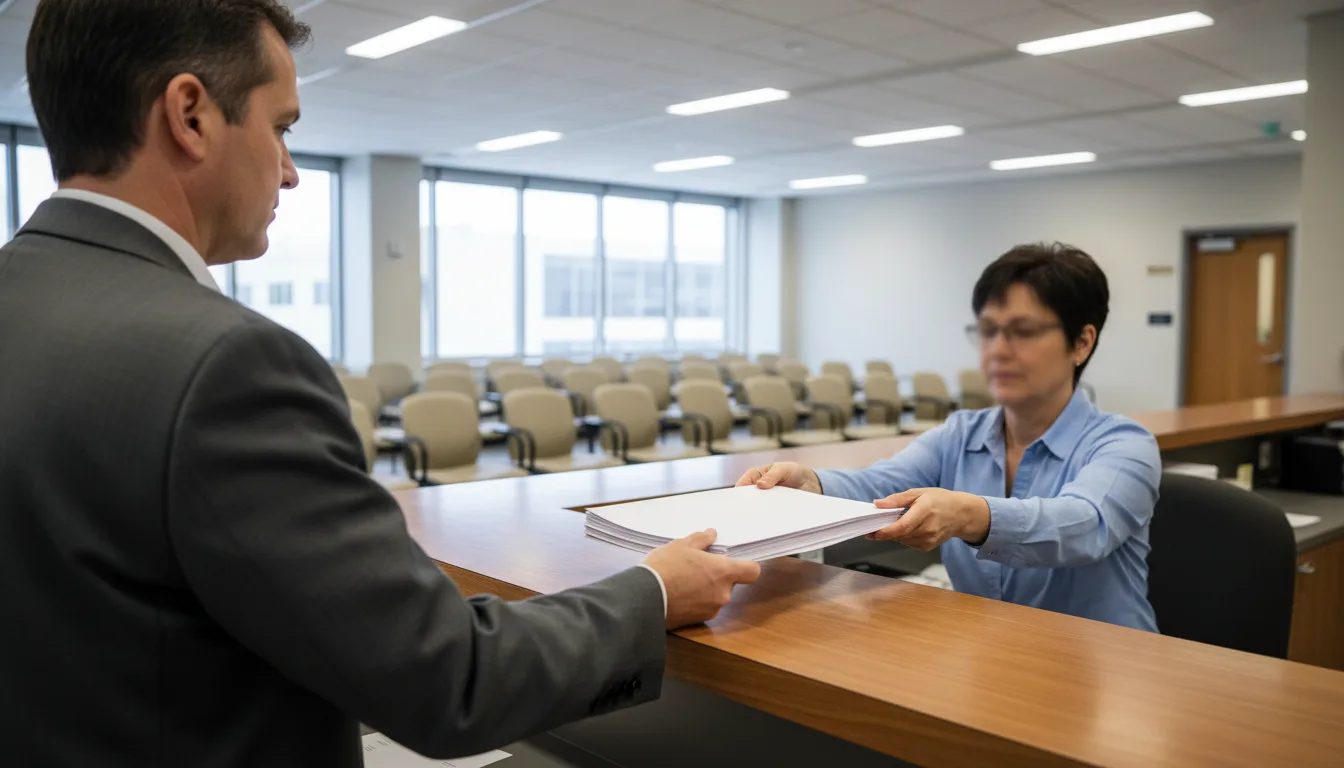 A person handing a stack of forms across a courthouse clerk's counter