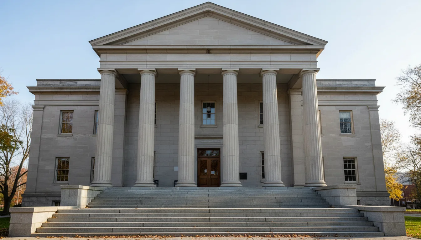 Stone steps and columns of a county courthouse on a clear autumn morning