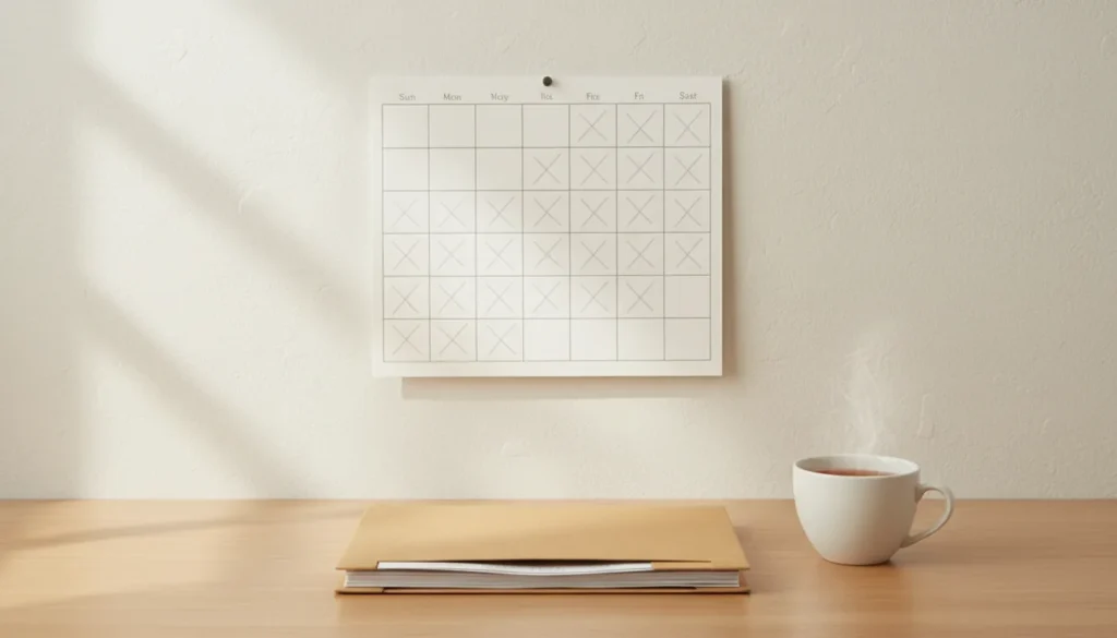 A wall calendar with several weeks crossed off beside a folder of paperwork on a home desk