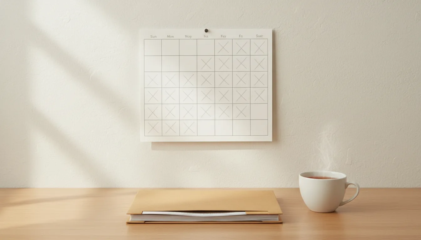 A wall calendar with several weeks crossed off beside a folder of paperwork on a home desk