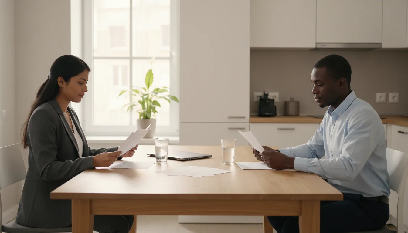 Two adults at opposite ends of a kitchen table each reviewing their own printed document
