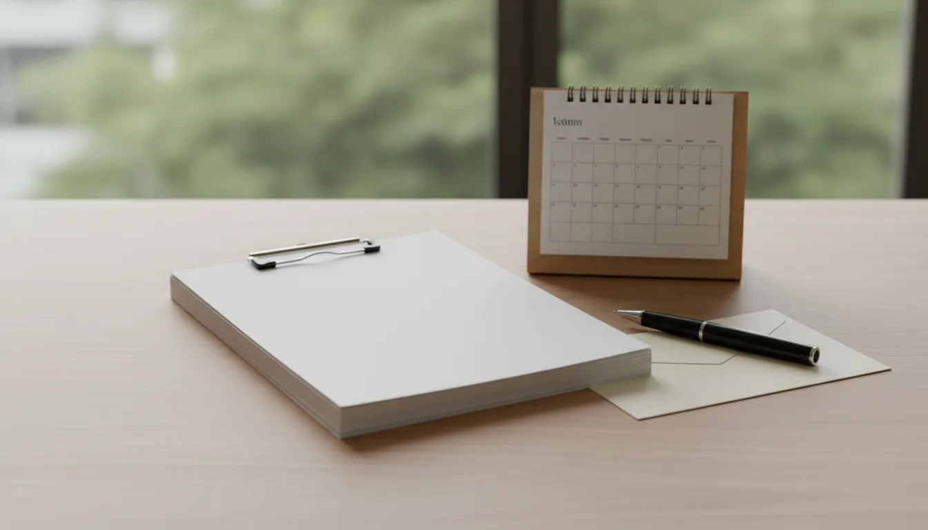 A stack of blank court forms with a pen and a desk calendar on a wooden desk