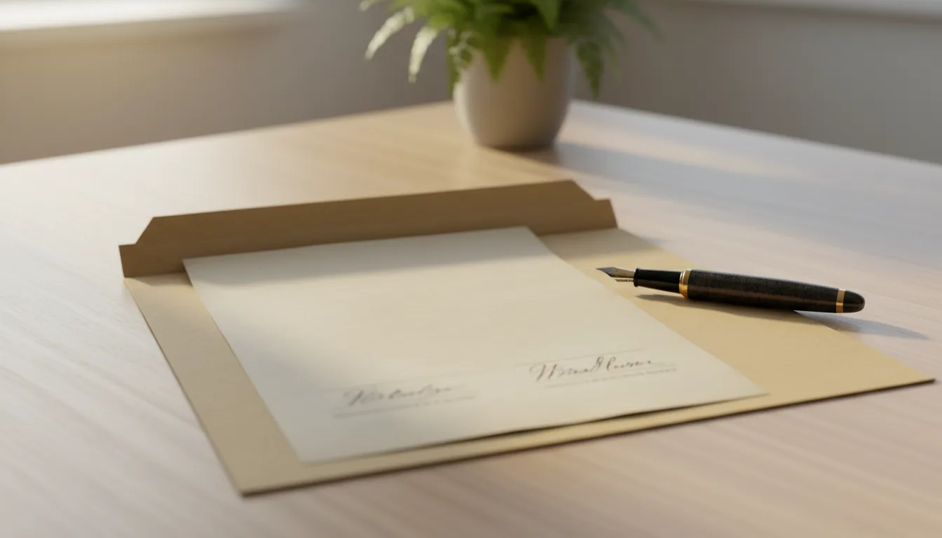 A signed document in an open folder on a wooden table beside a closed fountain pen