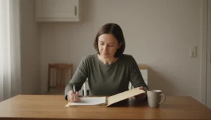 A person at a kitchen table reading through a folder of court paperwork in morning light