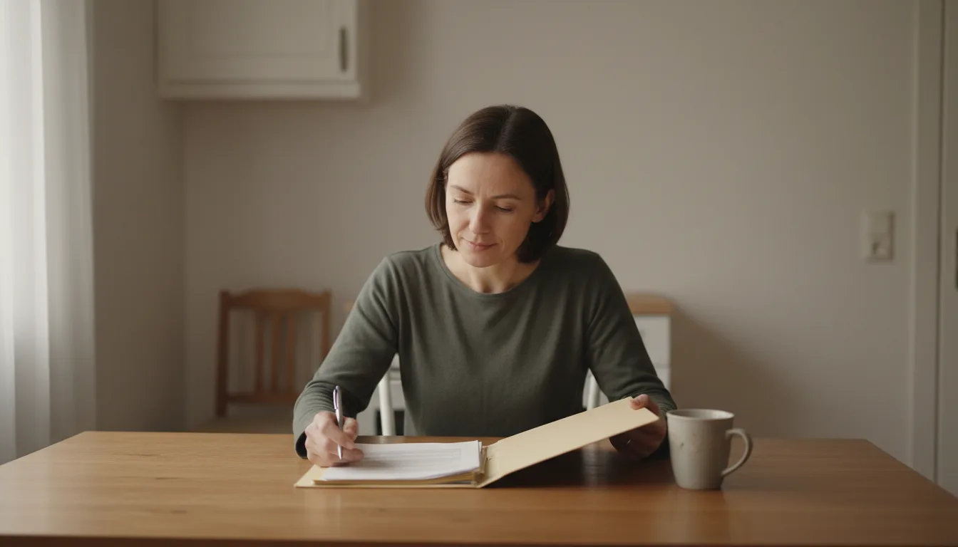 A person at a kitchen table reading through a folder of court paperwork in morning light