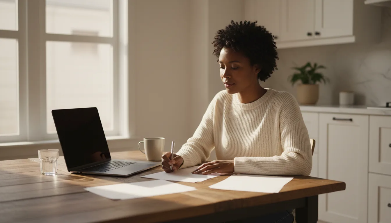 A parent at a kitchen table with tax paperwork and a laptop in morning light