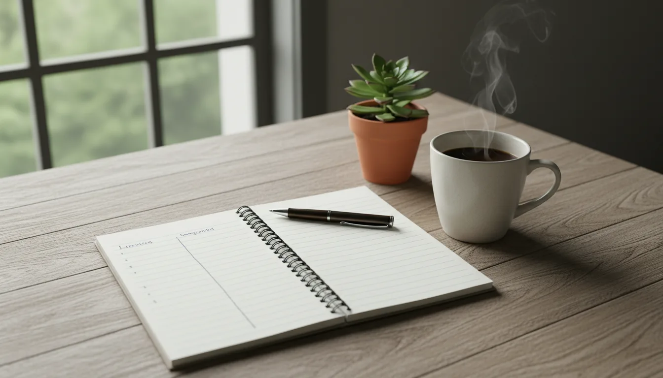 An open notebook with a hand-drawn two-column list beside a window and a cup of coffee