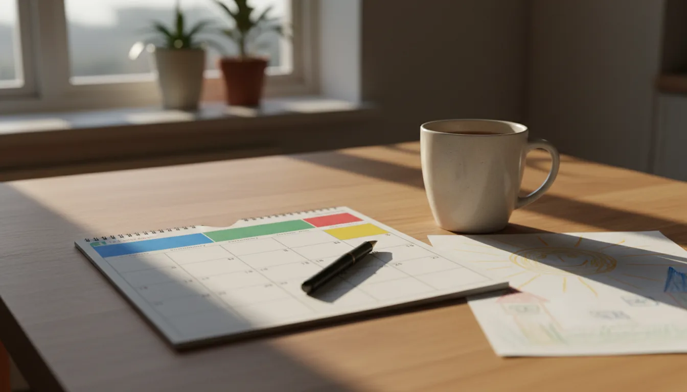 A printed weekly calendar beside a child's crayon drawing on a kitchen table
