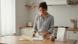 A parent at a kitchen counter sorting a folder of medical paperwork beside a small pharmacy bag