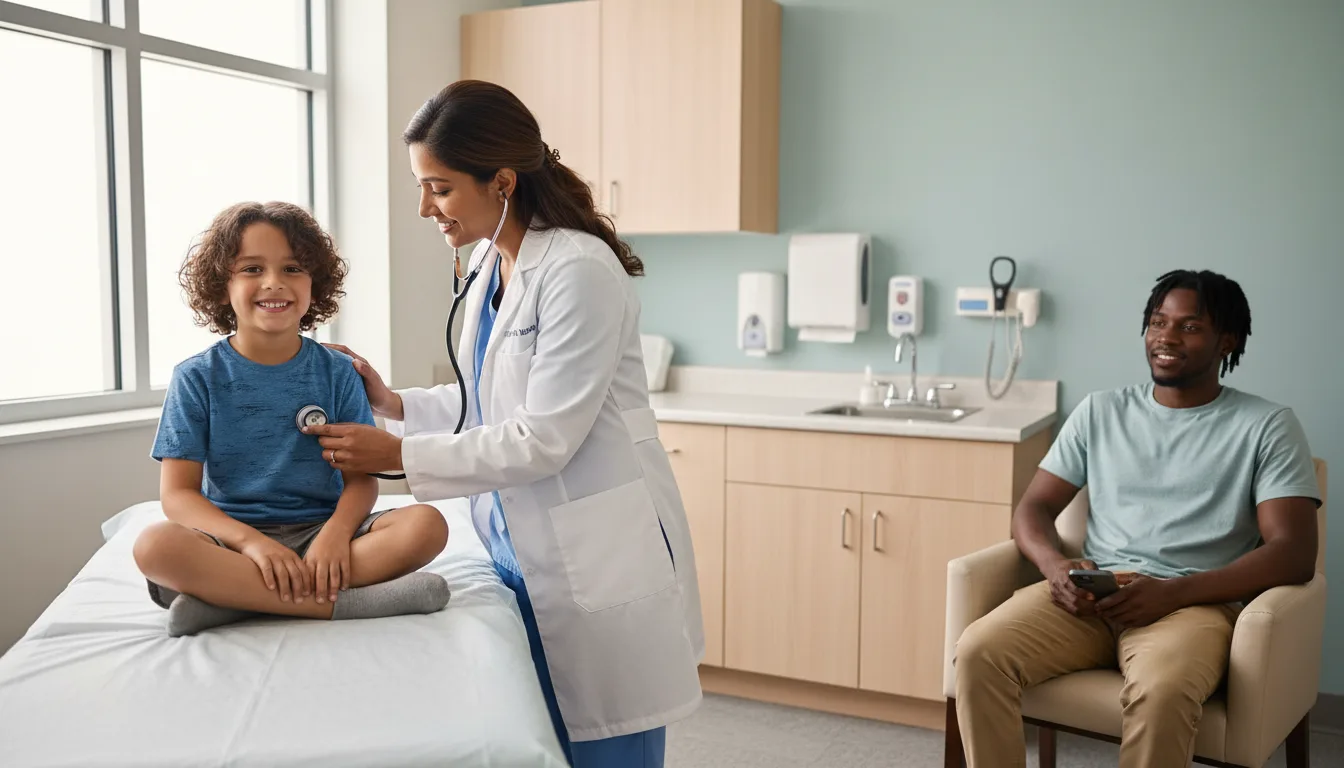 A child at a relaxed pediatric checkup while a parent sits nearby