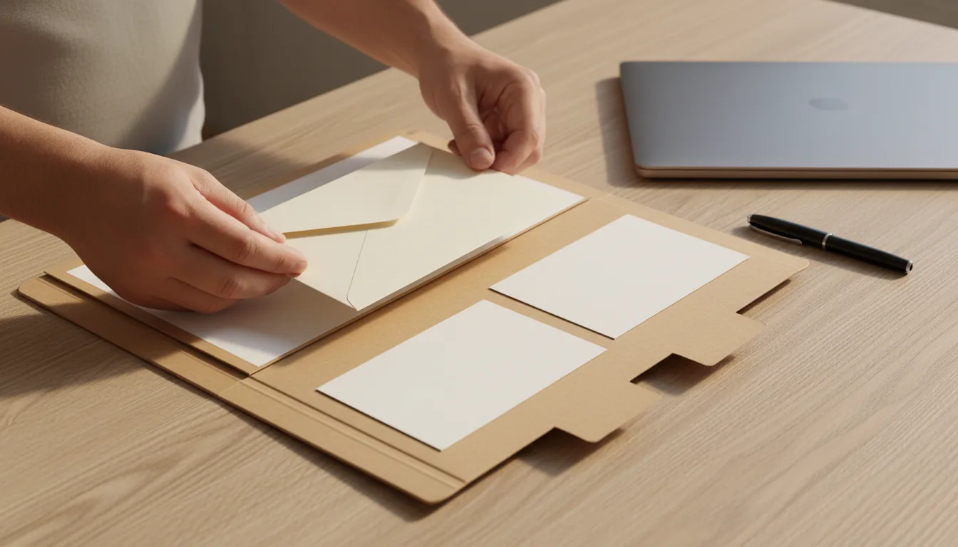 A parent's hands filing receipts and an envelope into a tabbed folder on a desk