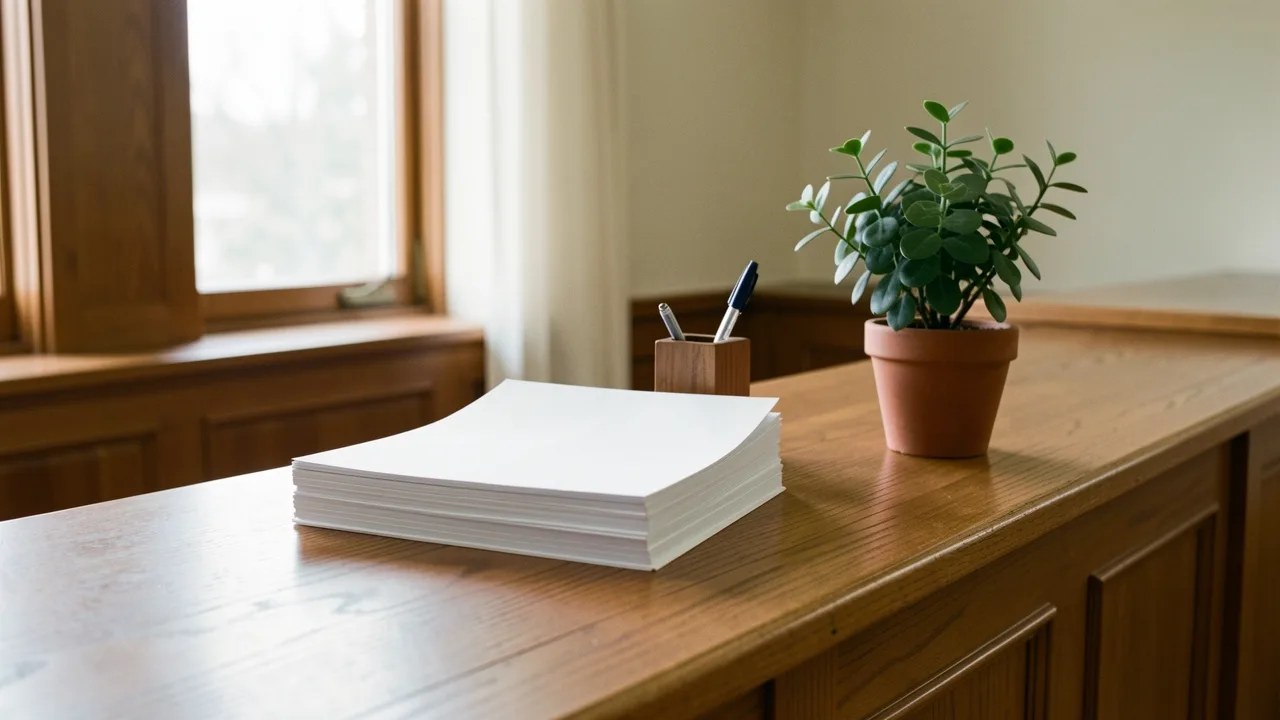 A quiet courthouse clerk counter with blank paper and a pen in soft daylight