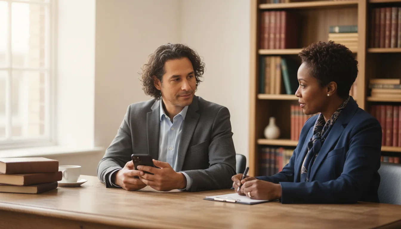 A parent holding a phone while talking with a family attorney who takes notes beside them at a wooden table