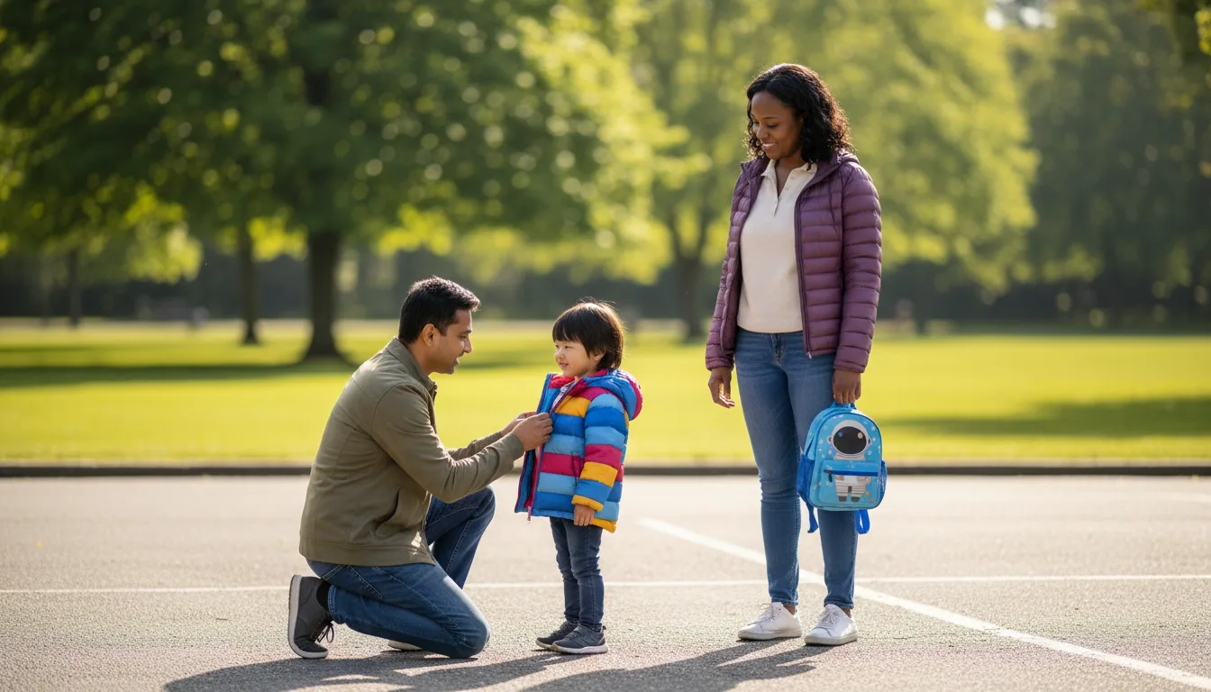 A parent zipping up a young child's jacket in a sunny parking lot while the other parent waits nearby with a backpack