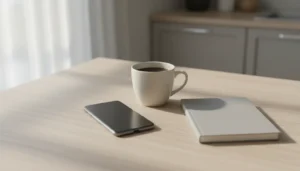 A smartphone lying face up on a kitchen table beside a coffee mug and a closed notebook in soft morning light